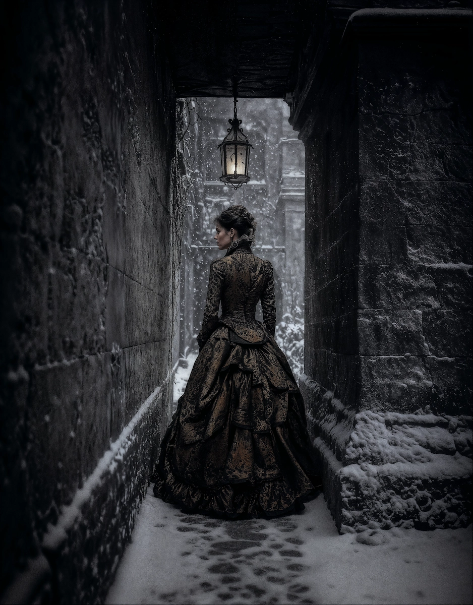 Victorian woman walking through a snowy gothic alley