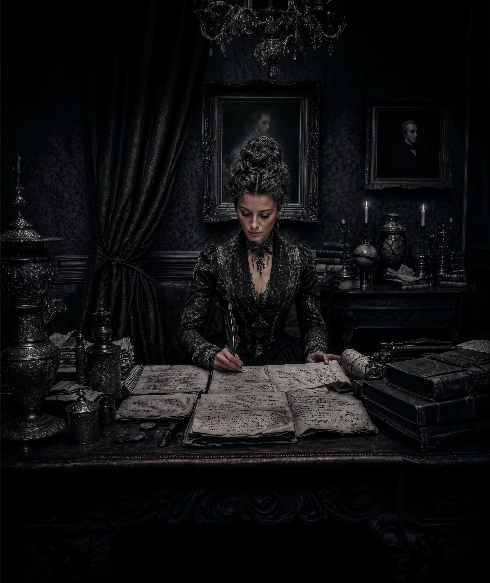 Victorian woman writing in a dark gothic study
